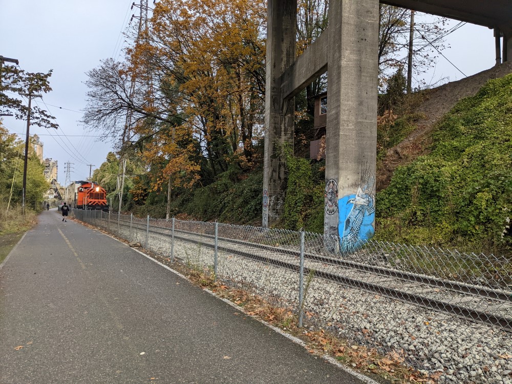 A separated bike path going next to a train line. A train is passing by. There’s a bridge overhead with some Indigenous themed graffiti, trees, and in the distance some kind of industrial area.