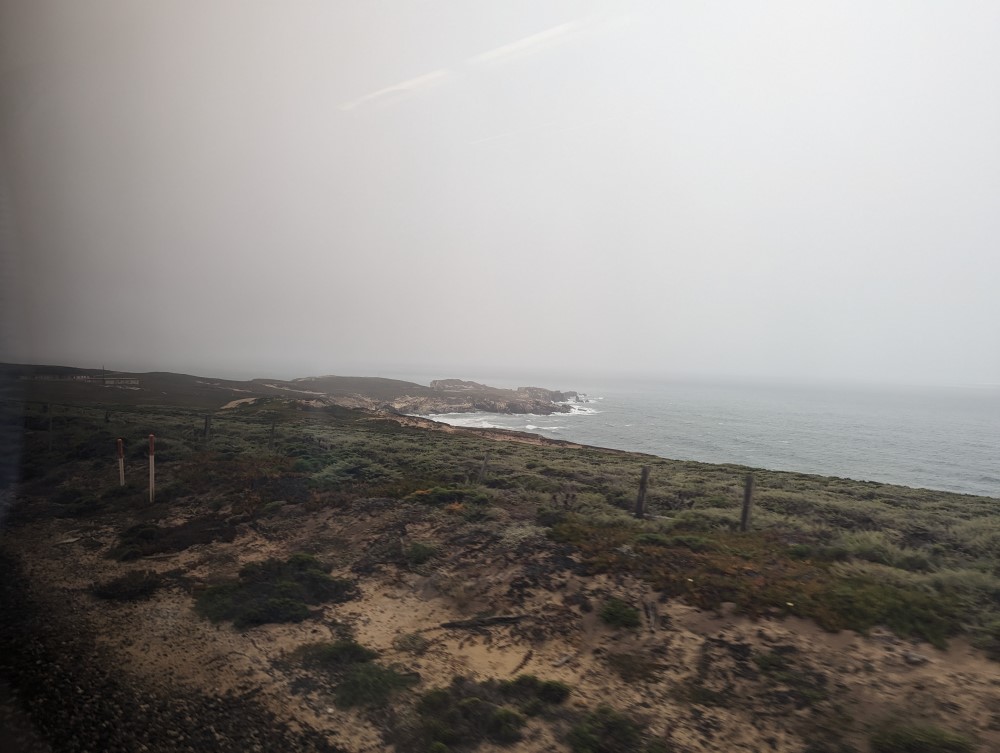 A foggy landscape looking over the ocean, with small grass-height shrubs and some abandoned fence posts.