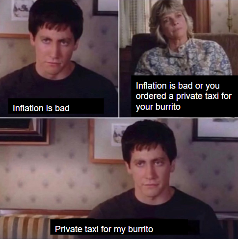 A meme saying: “Inflation is bad” “Inflation is bad or you ordered a private taxi for your burrito” “Private taxi for my burrito”