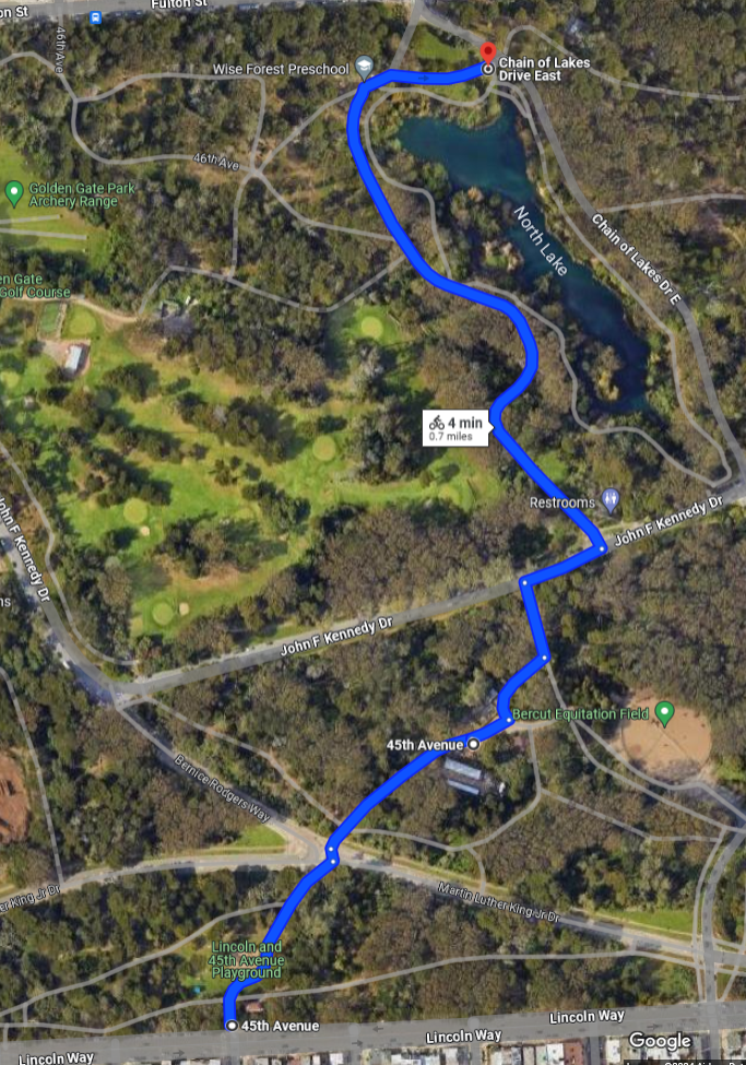 A screenshot of Google Maps showing a 4 minute bike route going from the north part of North Lake in Golden Gate Park, across JFK drive, pass the equitation field, and then across MLK drive to exit on the Lincoln and 45th Avenue playground